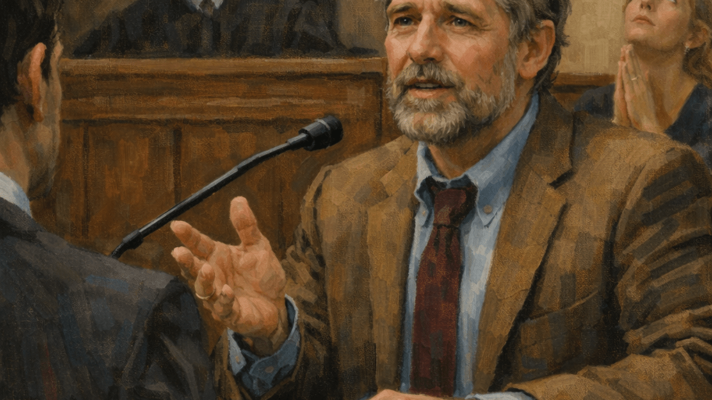 Man in suit speaking on witness stand in courtroom