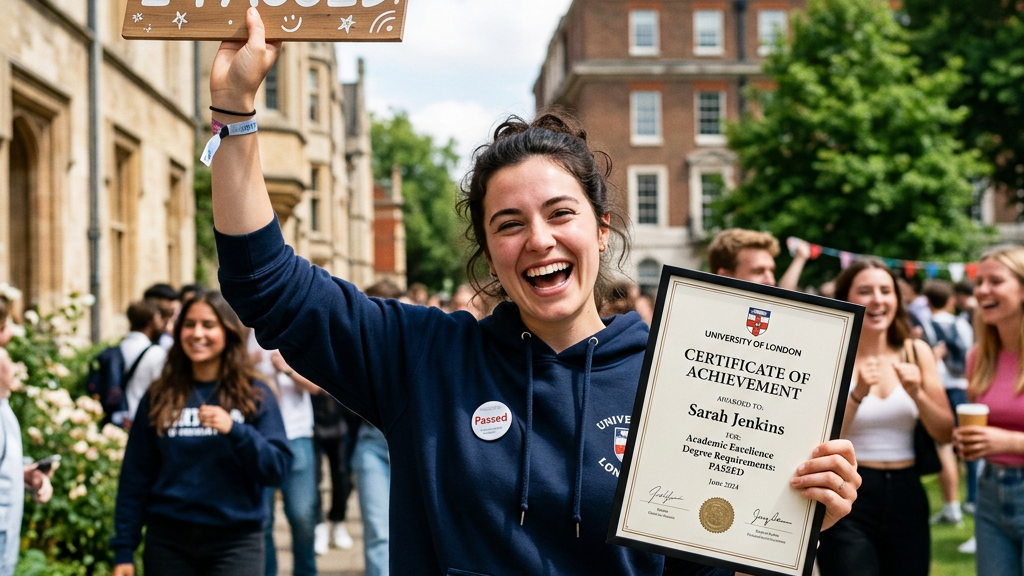 Happy student holding certificate of achievement and 'I PASSED' sign