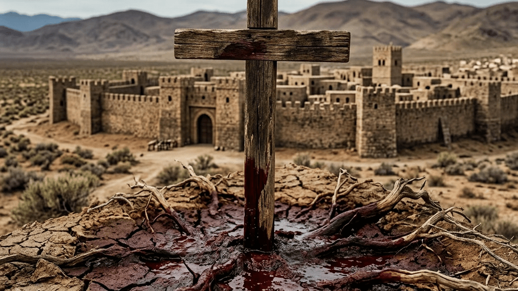 Wooden cross with blood pooling at its base on cracked desert soil with dry roots
